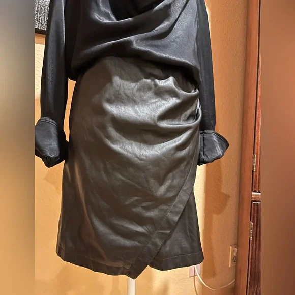 Maeve Anthropologie Black Satin and Vegan Leather Mini Dress. Cowl neck. Size 16 - Picture 7 of 16
